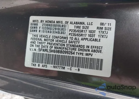 2011 Honda Odyssey Ex-L from USA, damaged, VIN 5FNRL5H69BB099264